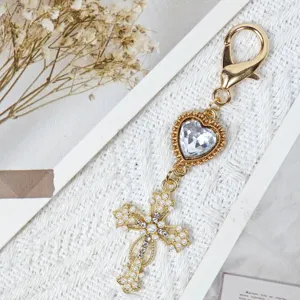 Gold alloy heart crystal cross keychain pearl rhinestone bag charm accessory Y2K pendant
