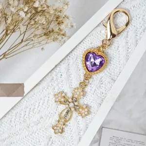 Alloy rhinestone cross keychain purple heart bag pendant DIY faith jewelry accessory