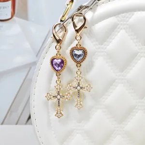 Chic alloy rhinestone cross keychain heart bag pendant for DIY faith jewelry accessory