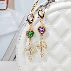 Alloy rhinestone heart cross keychain bag charm vintage gothic style purse pendant accessory