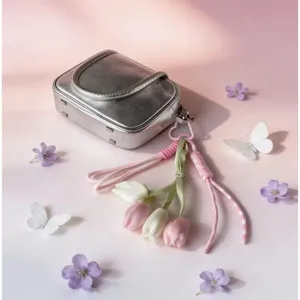 Cute simulated tulip keychain and braided rope bag pendant, sweet floral accessory for bags.