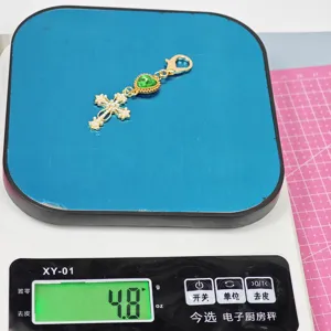 Gold alloy cross pendant with green heart crystal and pearls DIY jewelry charm keychain