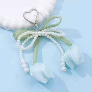 Cute pearl tulip bag charm, sweet heart clasp keychain, elegant floral fashion accessory.