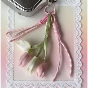 Cute tulip flower keychain and sweet bag charm with braided rope for women fashion accessories.