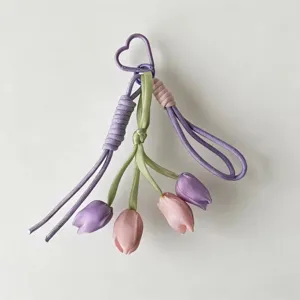 Cute Tulip Flower Keychain Fabric Braided Rope Bag Pendant Cute Floral Key Ring Women Bag Accessories Charm