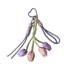 Cute tulip keychain braided rope bag charm pink purple flower pendant accessory for women