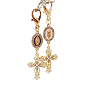 Gold-tone alloy rhinestone cross keychain bag charm with religious Virgin Mary pendant decor