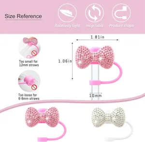 Rhinestone bow straw cover size reference guide, compatible with 10mm drinking straws.