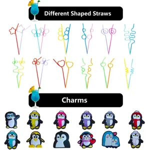 Colorful shaped drinking straws and cute cartoon penguin charms set for party decoration accessories