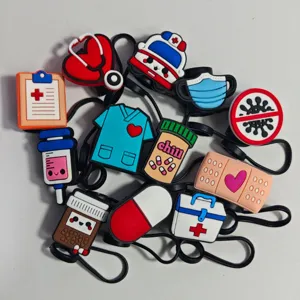 Cartoon medical silicone straw covers cute nurse stethoscope pill straw toppers set 10pcs