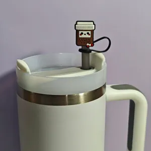 Detailed view of a cute medical cartoon silicone straw cover topper for insulated tumbler cup.