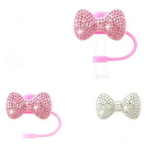 Sparkling rhinestone bow straw cover caps for reusable drink cups, silicone dust plugs.