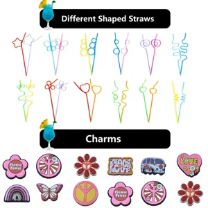 Colorful creative shaped plastic straws and cute retro fashion PVC charms for party decoration.
