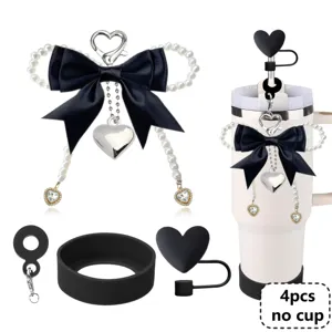 Cute black bow pearl chain tumbler accessories set with silicone cup boot and straw cover.
