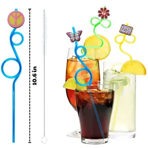 Detail view of crazy drinking straws with cute cartoon toppers and a cleaning brush included.