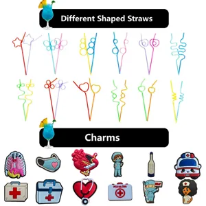 Cute medical cartoon straw charms set, diverse shaped straws and doctor accessories.