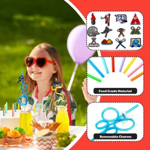 Kids birthday party cartoon hockey straw accessories with removable silicone charms set