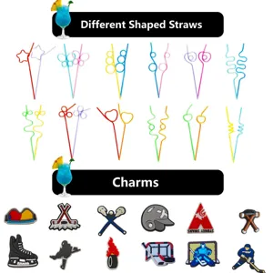 Creative shaped straws and sports hockey charms set for party decorations and drinks.