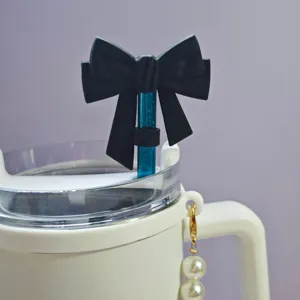 Silicone straw cover with black bow and glitter straw for tumbler cup dust plug 10mm