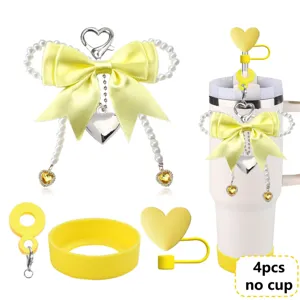Cute yellow pearl bow charm cup sleeve and heart straw topper set for 40oz tumblers accessories.
