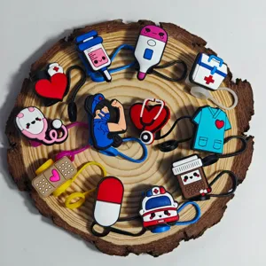 Cartoon medical silicone straw covers set, cute nurse and pill designs for cup accessories.