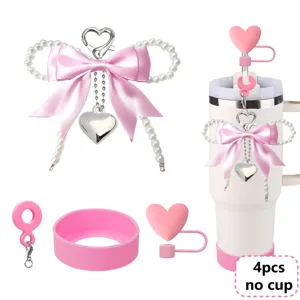 Cute Pink Tumbler Accessories Set Pearl Bow Chain Straw Cover Cup Sleeve 4Pcs