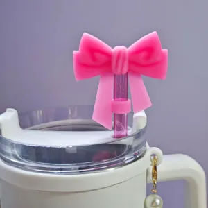Pink silicone bow straw topper dust plug for tumbler cup with 10mm straw cute cover
