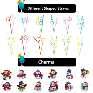 Different shaped straws and christmas snowman charms for party drink decoration.