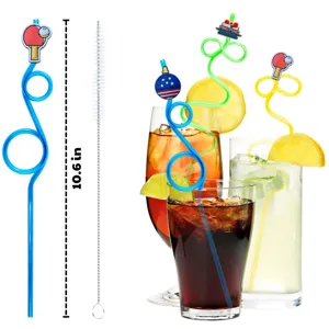 Novelty Tafeltennis Feest Drinkrietjes met Reinigingsborstel Lange Herbruikbare Gekrulde Rietjes