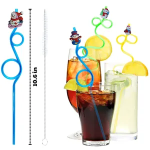 Christmas snowman cartoon loop drinking straws set with cleaning brush for party drinks 10.6 in