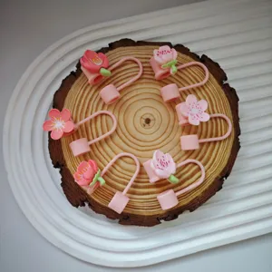 Cute cherry blossom straw cover 10mm silicone straw topper for Stanley cup decor.