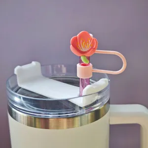 Cherry blossom straw cover detail shot, 10mm silicone straw topper and dust plug for tumbler