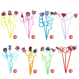 Valentine Day Cartoon Straws Set Creative PVC Charms Flexible Drinking Straws Party Supplies Decorative Drinkware