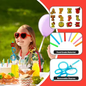 Detailed view of Thanksgiving cartoon straw accessories with colorful silicone charms and party straws.
