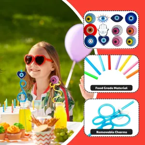 Cute cartoon evil eye drinking straws with removable charms, perfect for kids birthday party.