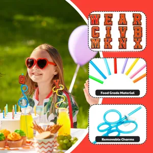 Creative letter charm party drinking straws set with removable decorative charms for birthdays.