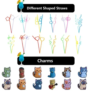 Colorful funny shaped drinking straws and cute cat charms set for party decoration items