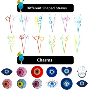 Creative evil eye charms and assorted shaped plastic drinking straws for party decor.