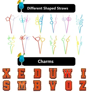 Colorful creative shaped drinking straws and alphabet letter charms set for party decoration use.