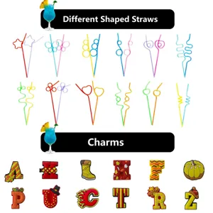 Close-up details of various shaped colorful straws and festive Thanksgiving theme charms set.