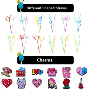Valentine's day creative shaped straws and cute cartoon PVC charms party decor set