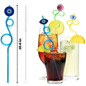 Evil eye cartoon party drinking straws set with cleaning brush for festival decoration detail