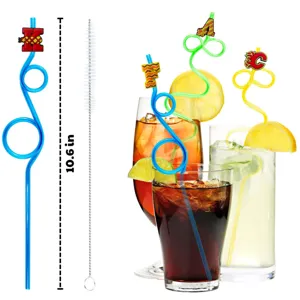 Detailed view of novelty crazy drinking straws with cute toppers and cleaning brush for party.