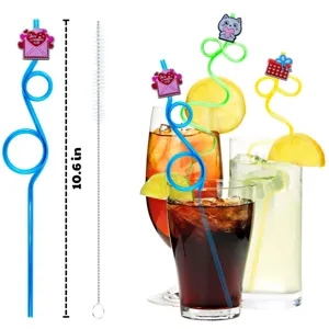 Reusable Valentine cartoon curly drinking straws with cute charms and cleaning brush for party.