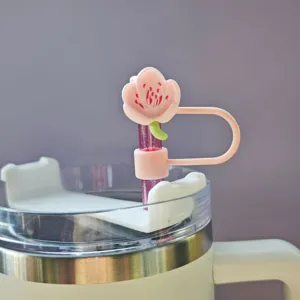 Cute pink cherry blossom silicone straw cover 10mm dustproof straw topper for cup