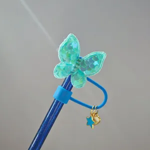 Simpatico copri cannucce farfalla paillettes blu 10mm tappo antipolvere in silicone con ciondoli.