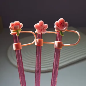 Cute pink cherry blossom silicone straw cover 10mm dust proof cap cup accessories