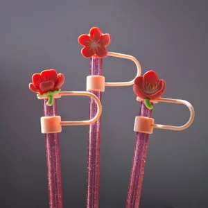 Close up of cute pink flower straw topper detail, 10mm cute dust cap accessory for cups.