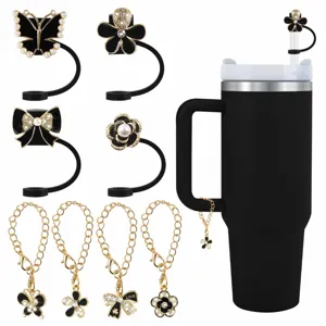 Black tumbler cup with rhinestone bow flower straw cover cap and chain pendant set