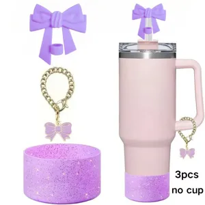 Becher Zubehör Set 3tlg lila Schleife Silikon Strohhalmtopper Anhänger Tasse Stiefel